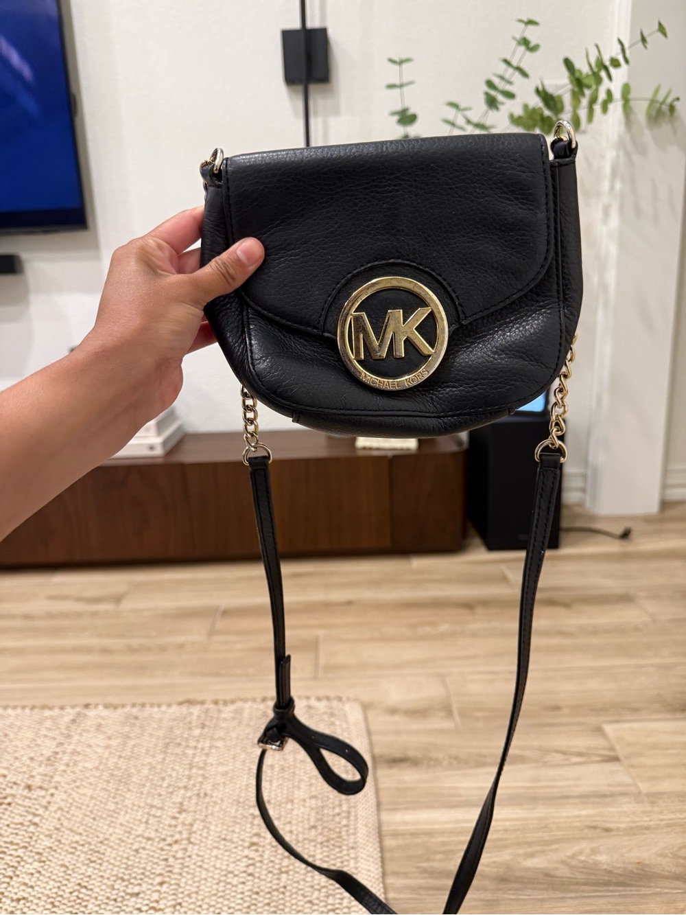 Michael Kors Black Leather MK Circle Logo Crossbody